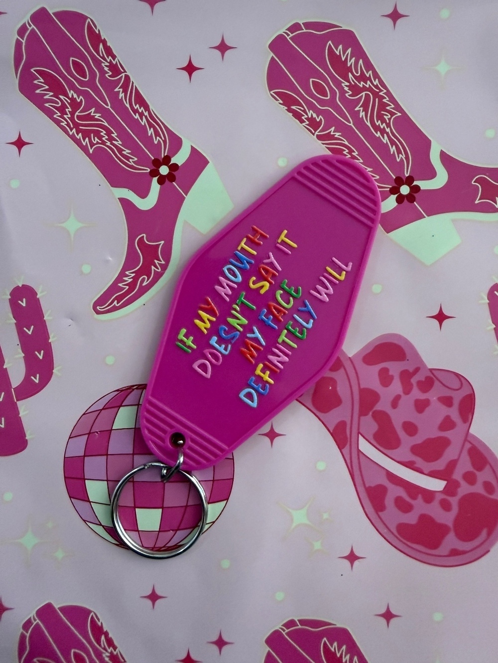 Pink Retro Style Keychain with Colorful Motivational Quote